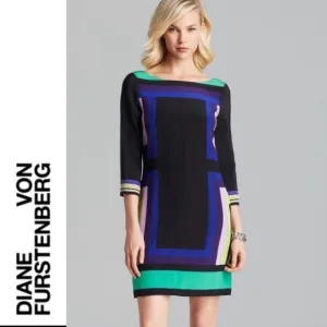 DVF Avery 100% Silk Long Sleeve Sheath Dress Color Block 6