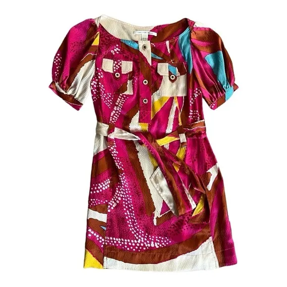 DVF Diane Von Furstenberg Margot Silk Belted Dress Size 0 Vibrant Multicolored