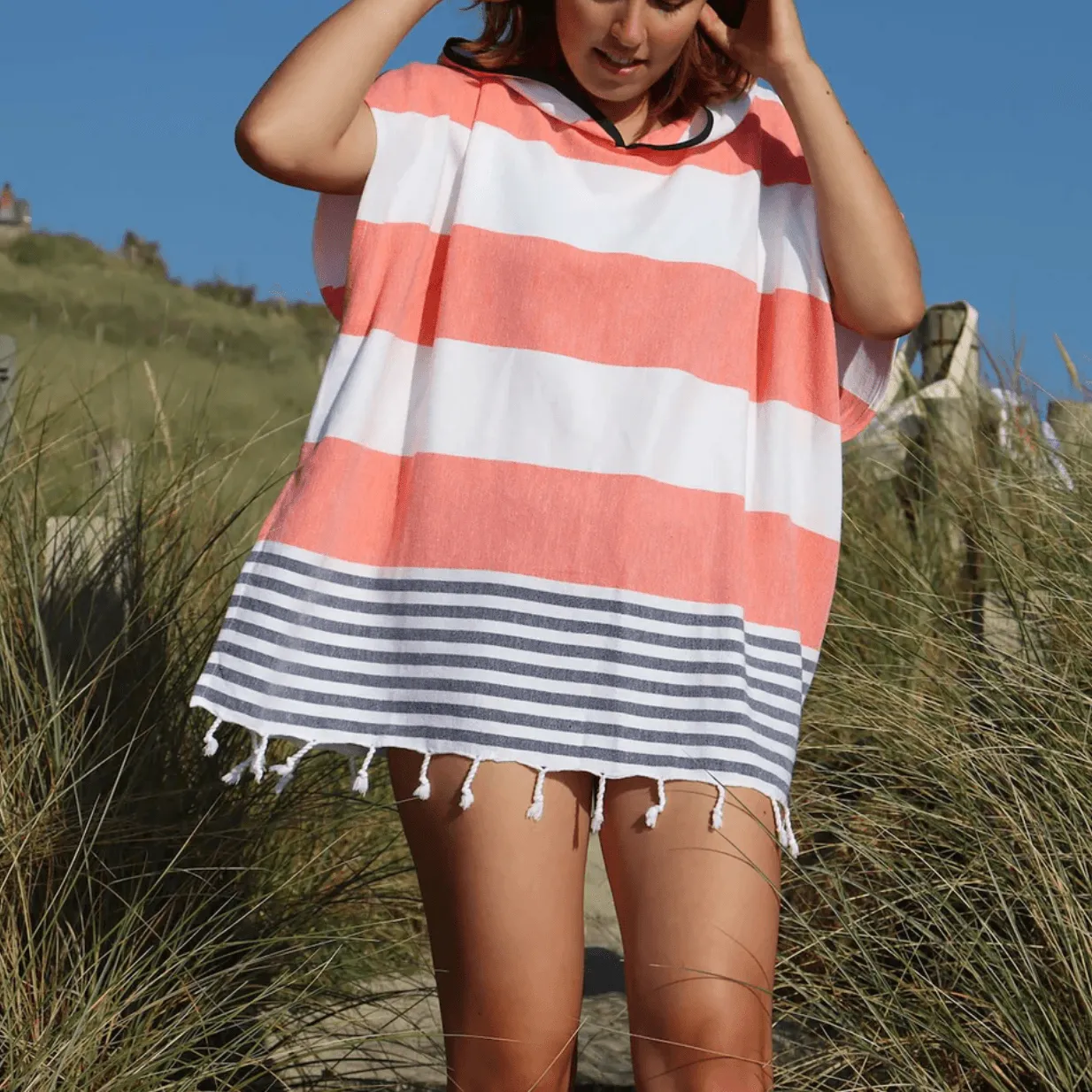Ebb Tide Womens Shortie Poncho - Coral/Navy. or Olive/Orange