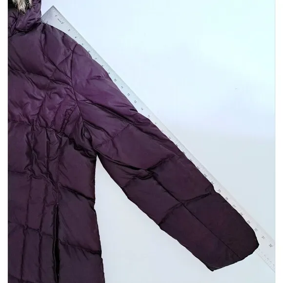 Eddie Bauer Womens XL Coat Puffer Long Jacket Goose Down Parka Fur Hooded Purple