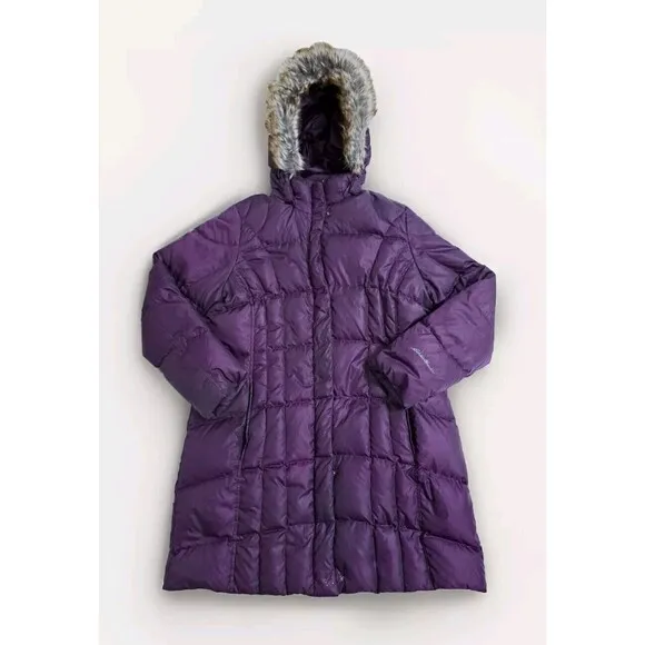 Eddie Bauer Womens XL Coat Puffer Long Jacket Goose Down Parka Fur Hooded Purple