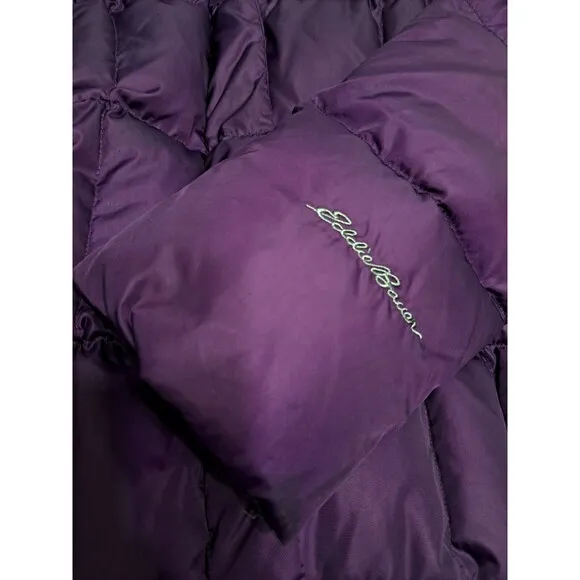 Eddie Bauer Womens XL Coat Puffer Long Jacket Goose Down Parka Fur Hooded Purple
