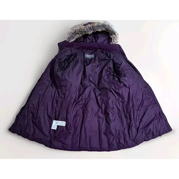 Eddie Bauer Womens XL Coat Puffer Long Jacket Goose Down Parka Fur Hooded Purple