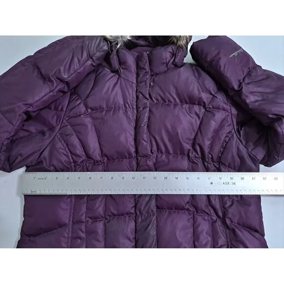 Eddie Bauer Womens XL Coat Puffer Long Jacket Goose Down Parka Fur Hooded Purple