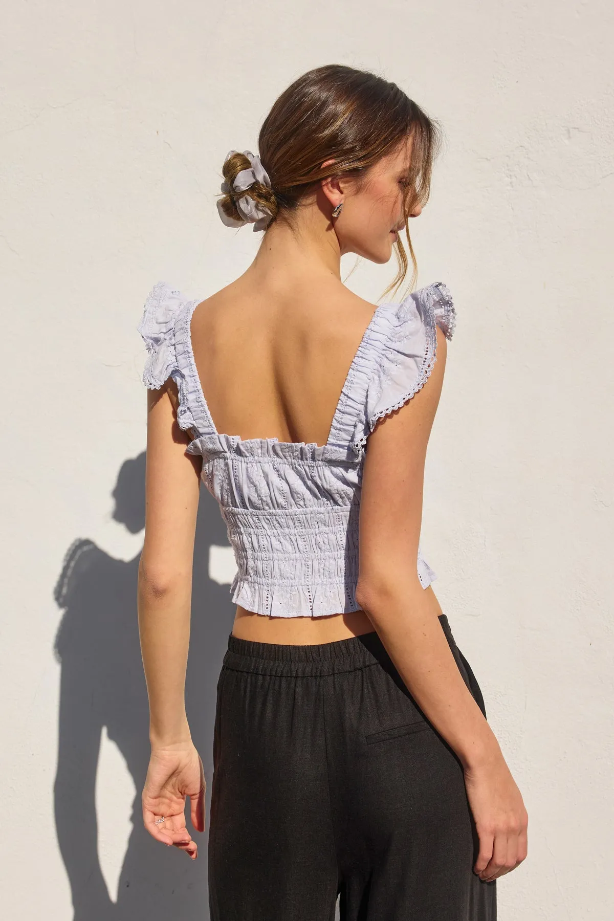 Elaina Eyelet Lace Trim Flutter Sleeve Top