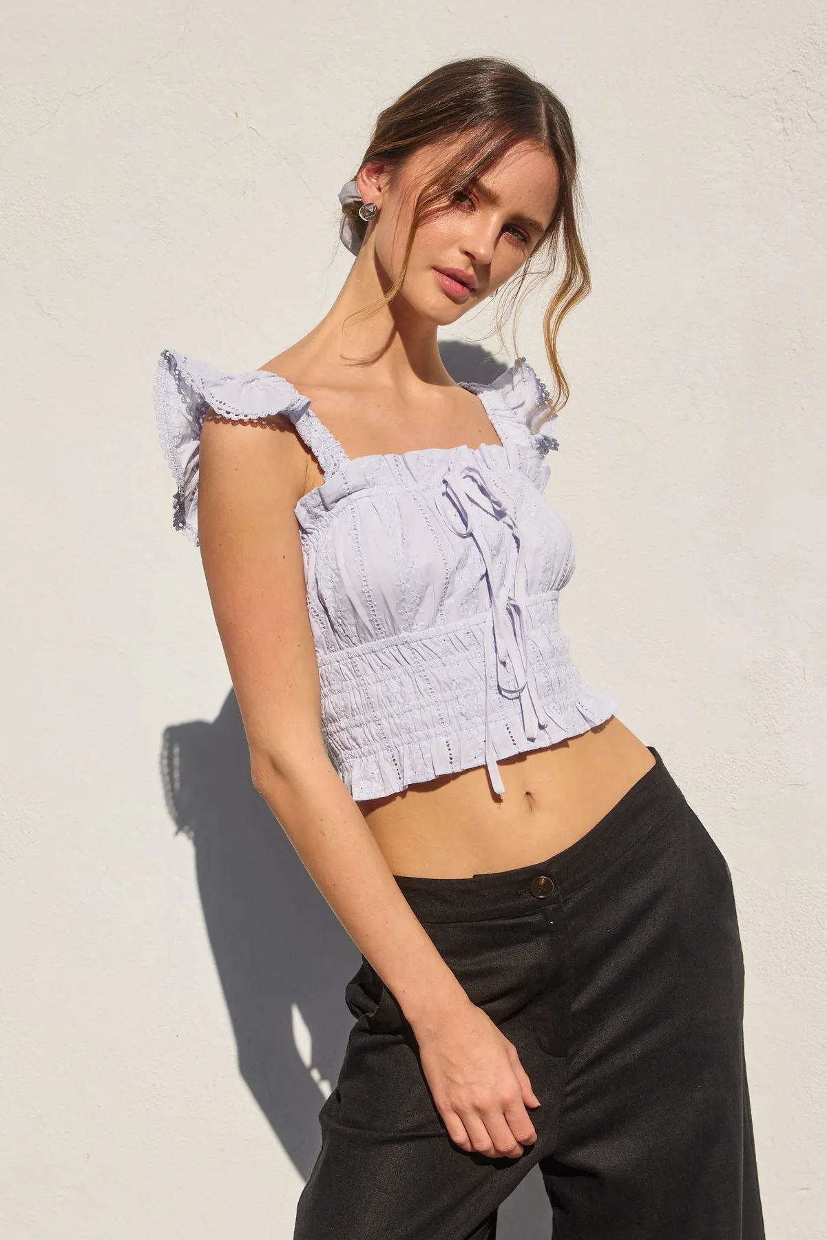 Elaina Eyelet Lace Trim Flutter Sleeve Top