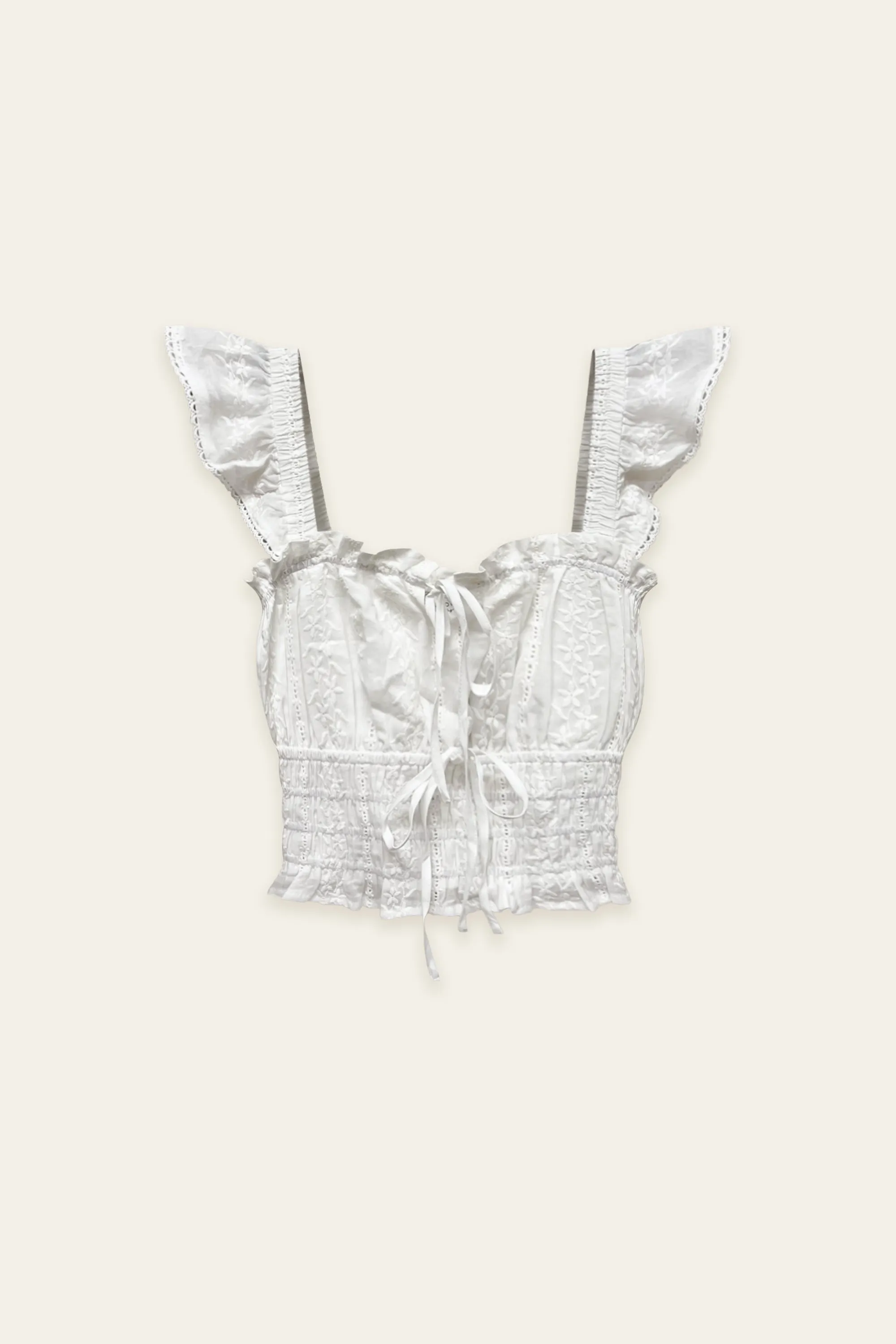 Elaina Eyelet Lace Trim Flutter Sleeve Top