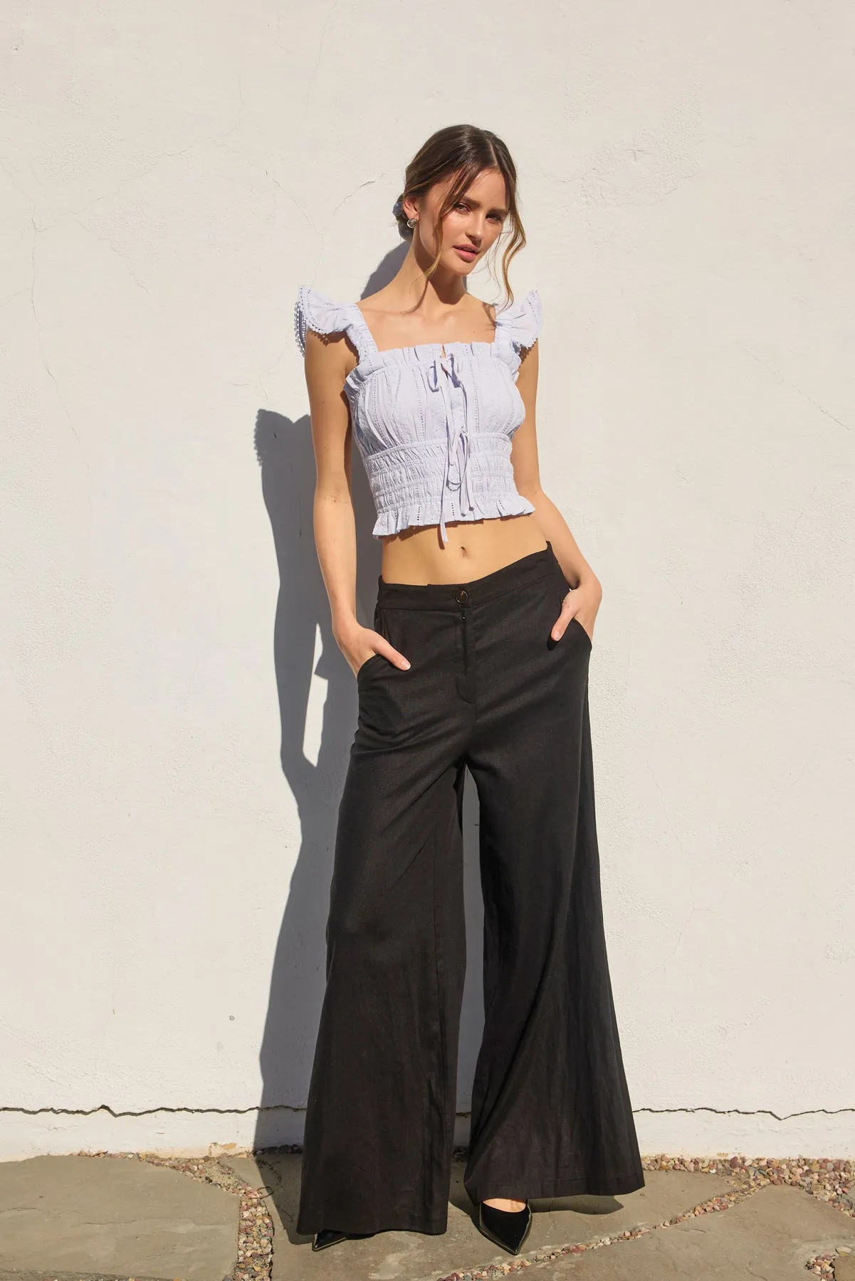 Elaina Eyelet Lace Trim Flutter Sleeve Top