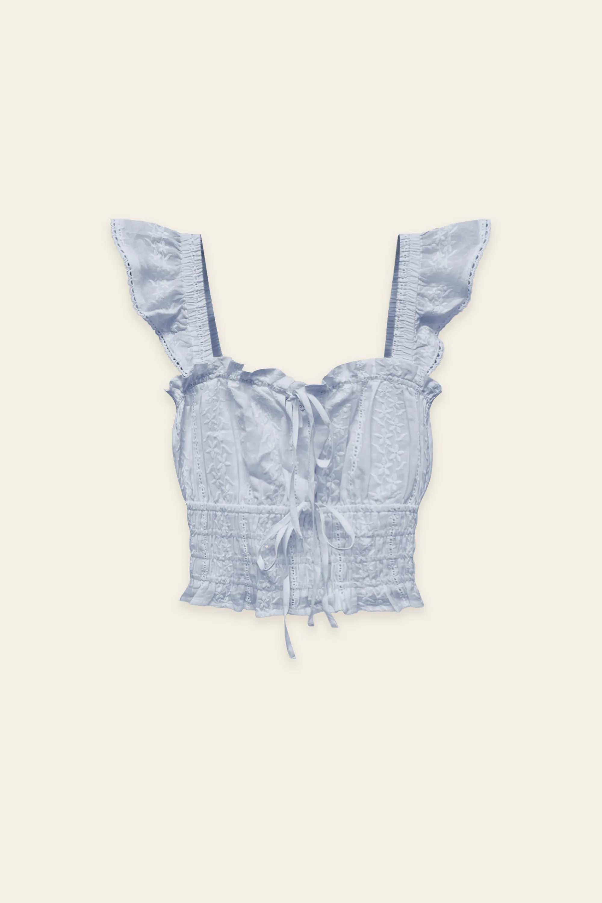 Elaina Eyelet Lace Trim Flutter Sleeve Top
