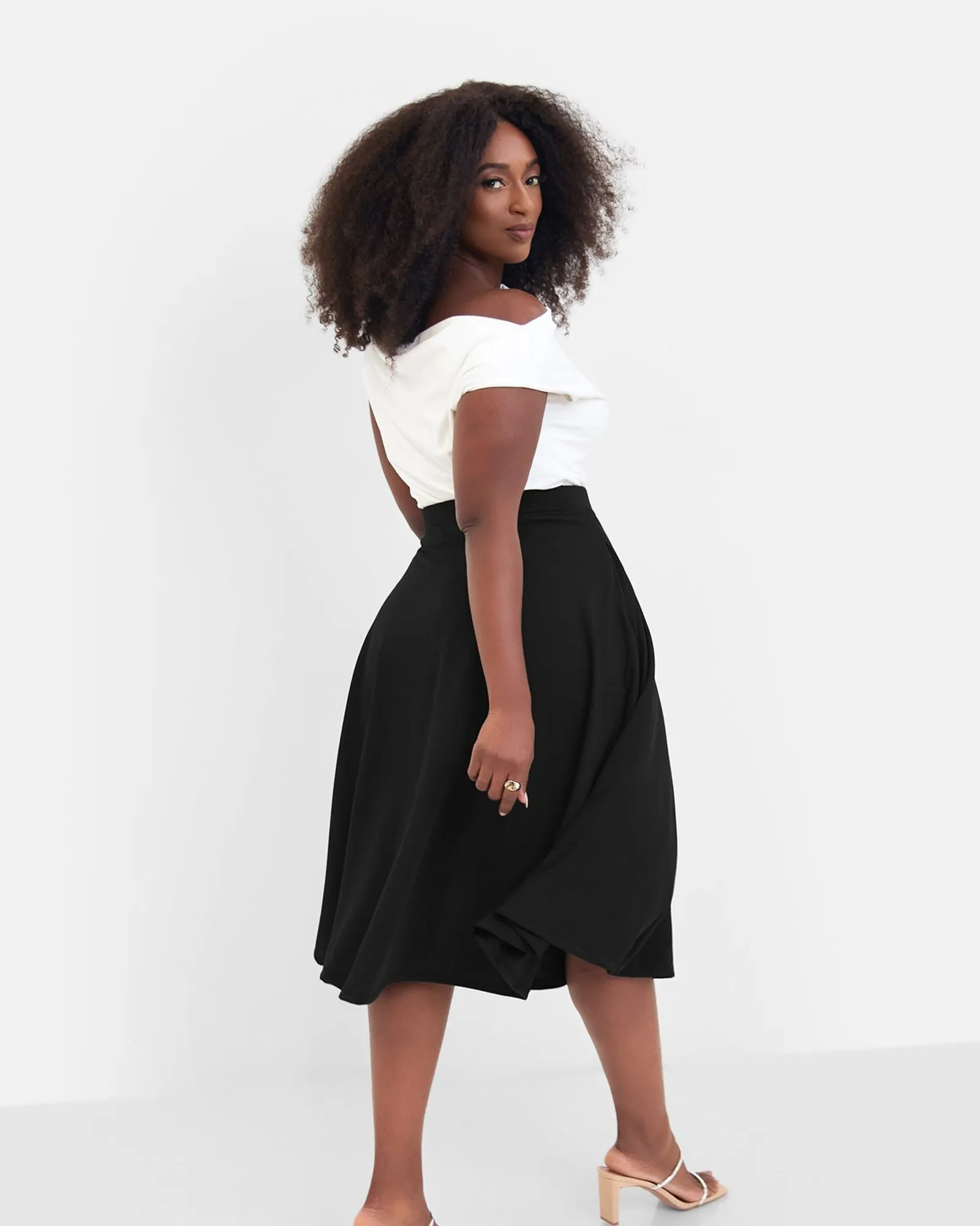 Essential Crepe Midi Skater Skirt | Black