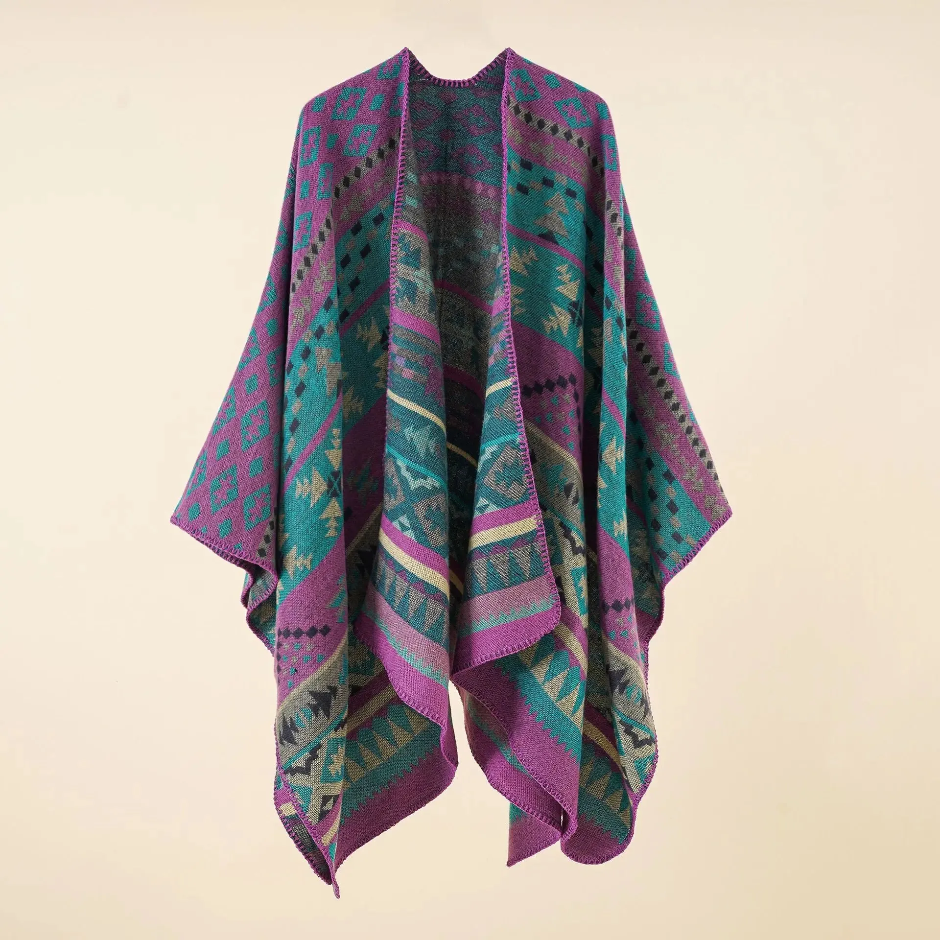 Ethnic Patterned Wrap Poncho