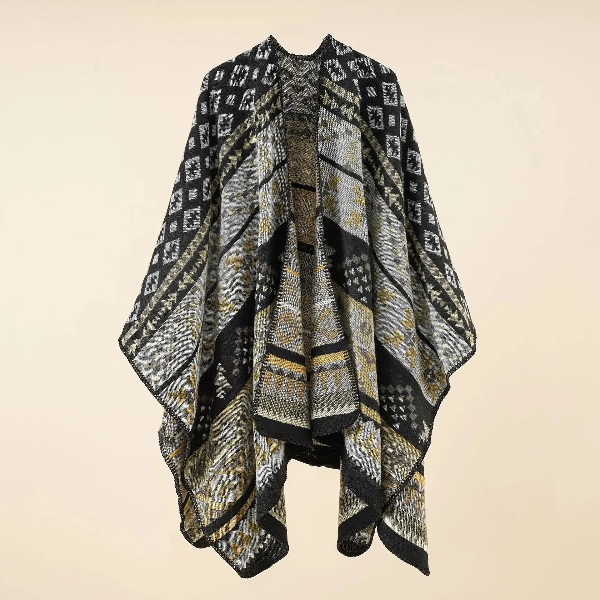 Ethnic Patterned Wrap Poncho