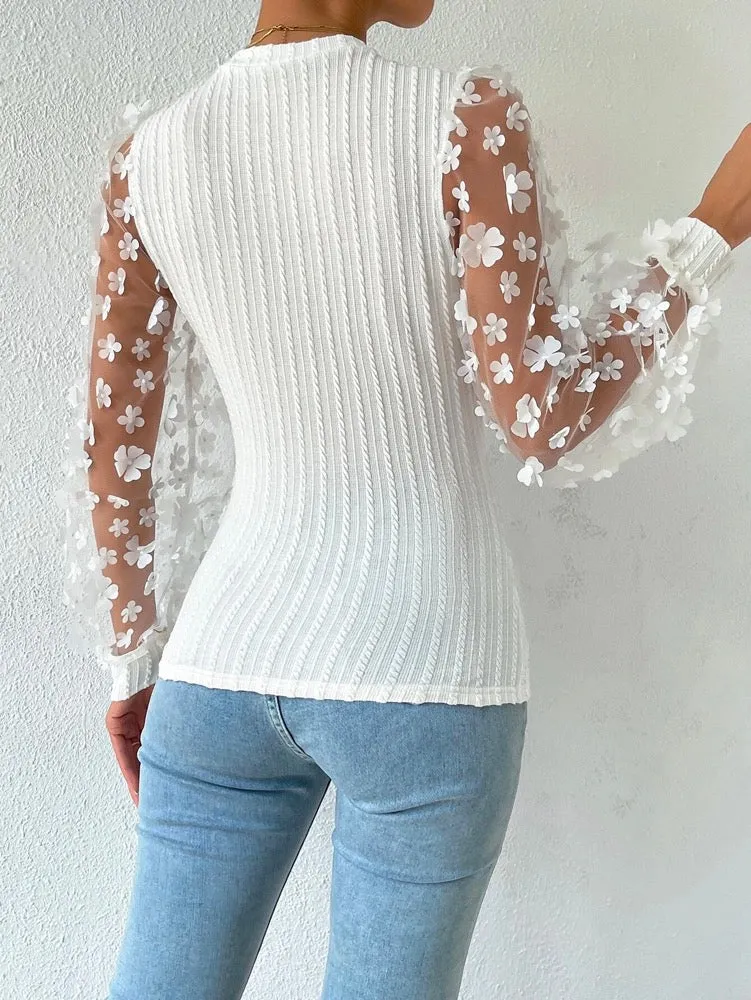 Fashion Long Sleeves Floral Printed See-Through Applique Round-Neck Blouses&Shirts Tops