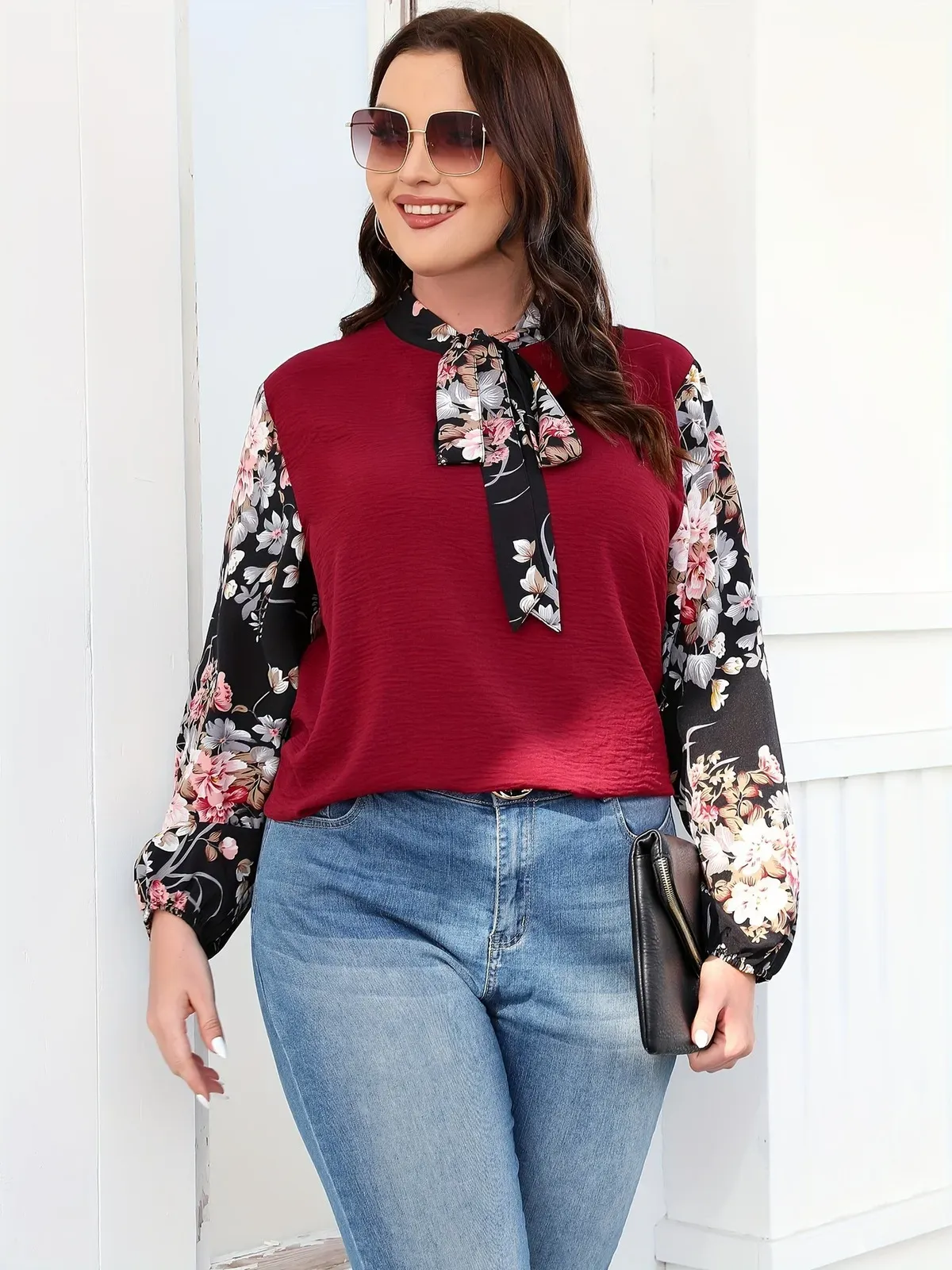 FierceBloom Tie Neck Floral Sleeve Plus Size Blouse