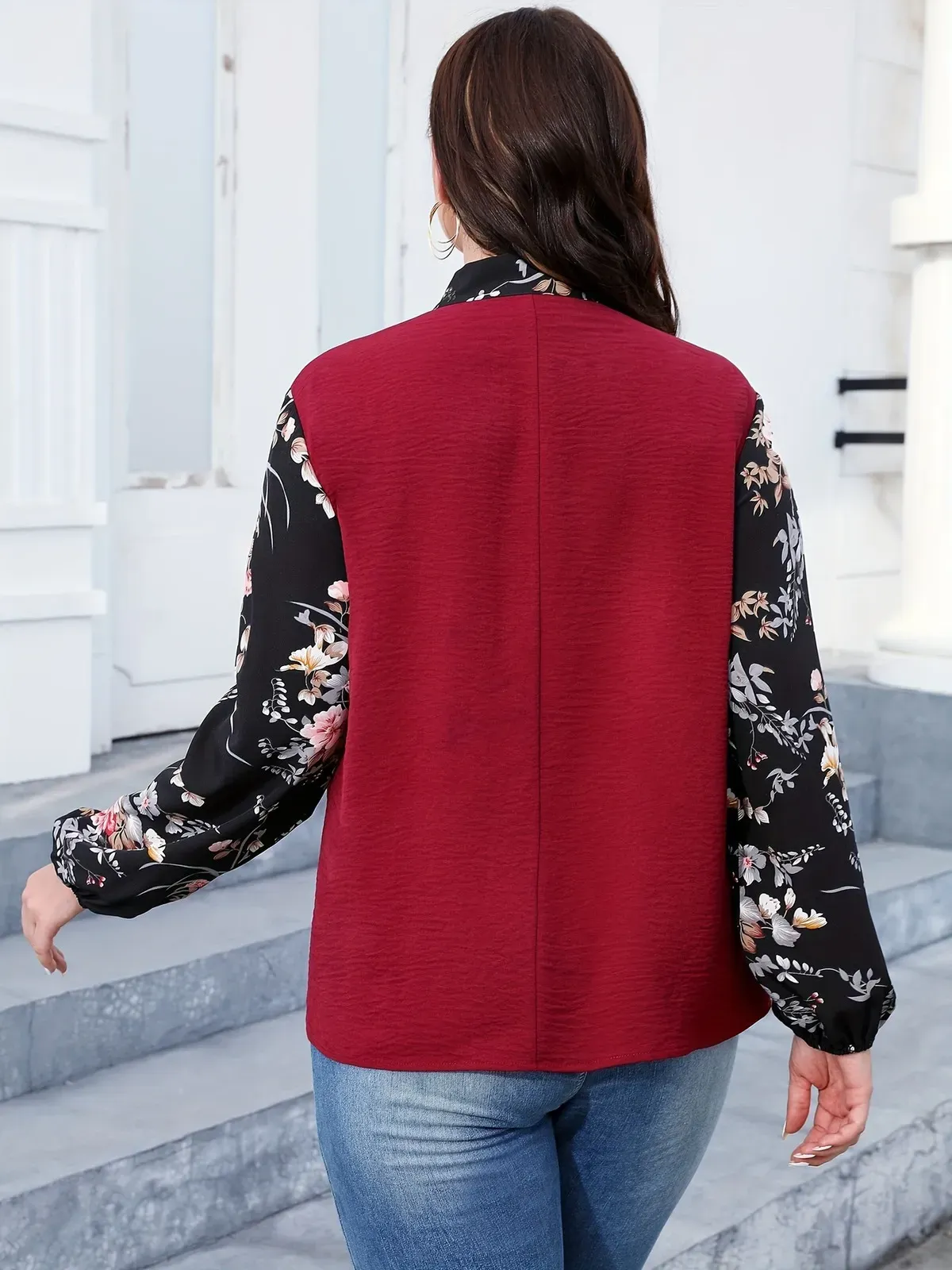 FierceBloom Tie Neck Floral Sleeve Plus Size Blouse