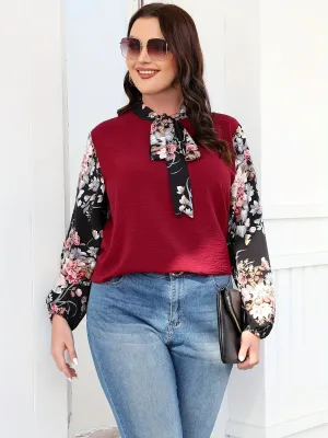 FierceBloom Tie Neck Floral Sleeve Plus Size Blouse