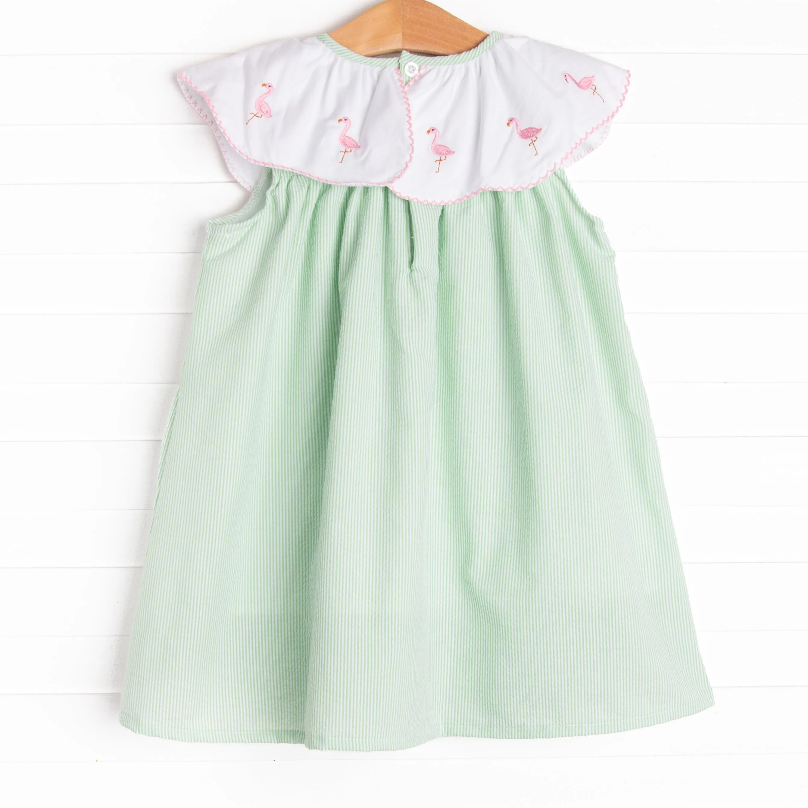 Flamingo Flock Embroidered Dress, Green Seersucker