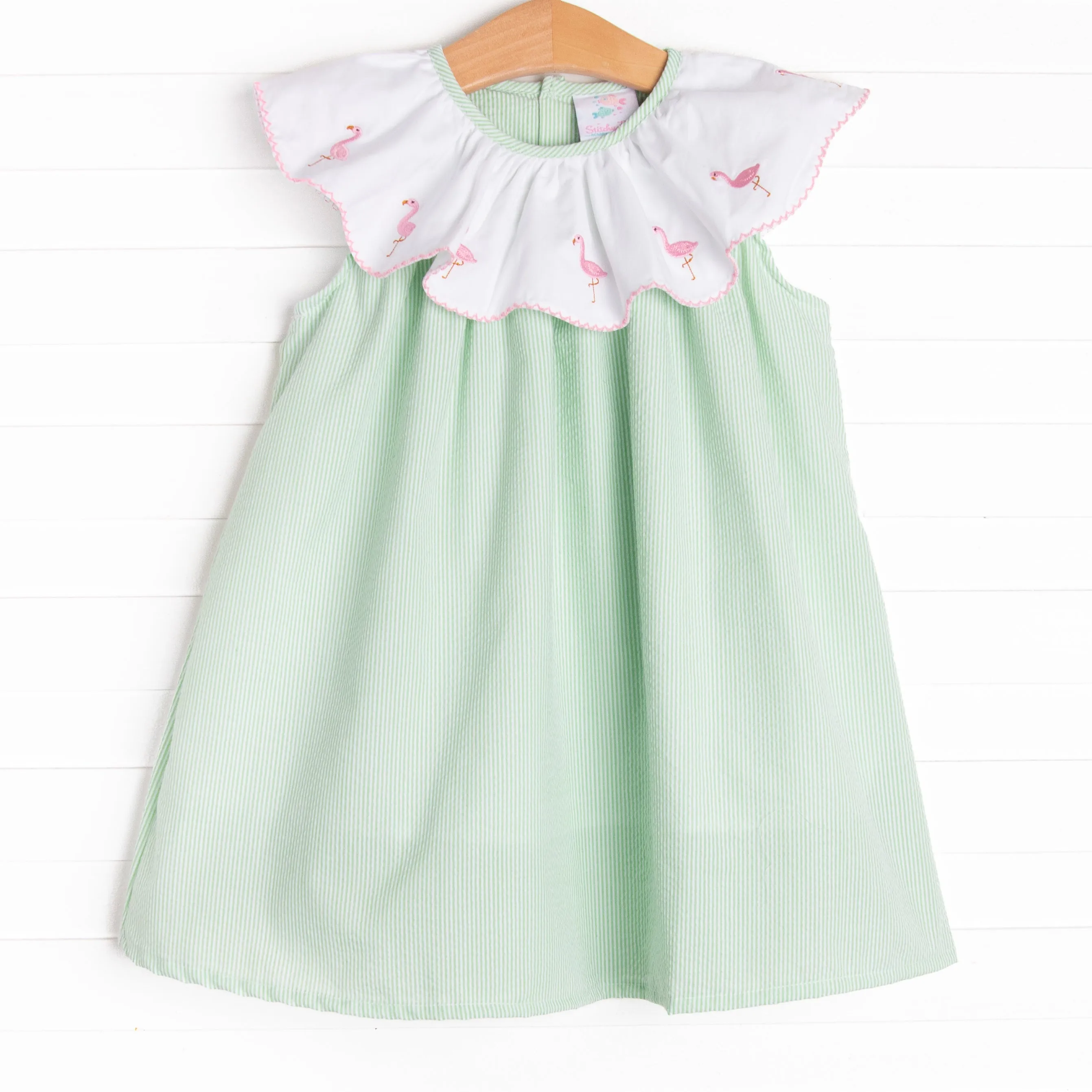 Flamingo Flock Embroidered Dress, Green Seersucker
