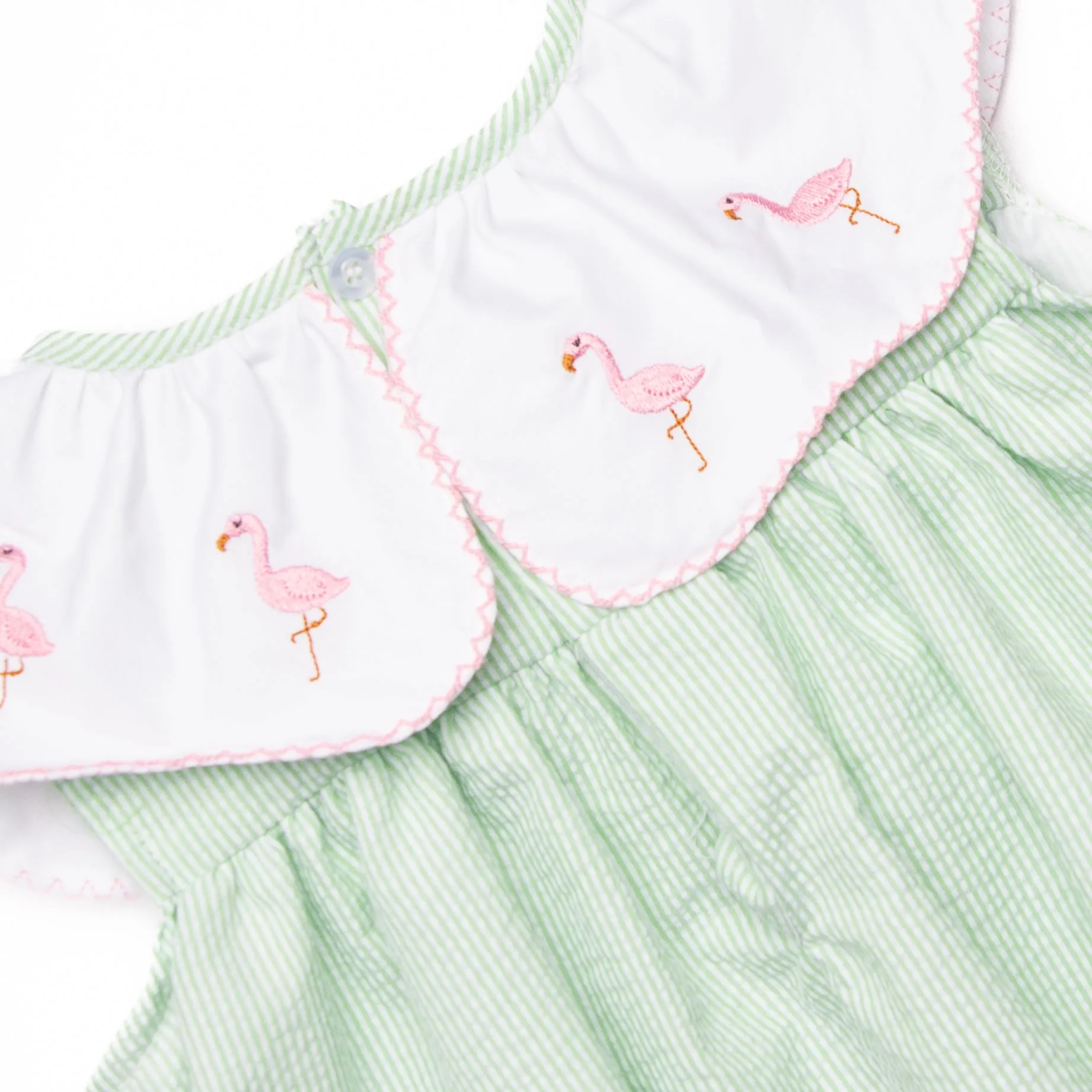 Flamingo Flock Embroidered Dress, Green Seersucker