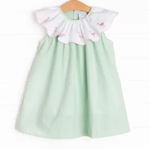 Flamingo Flock Embroidered Dress, Green Seersucker