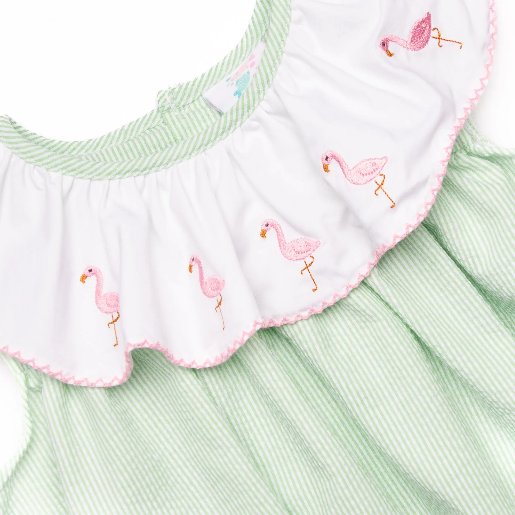 Flamingo Flock Embroidered Dress, Green Seersucker