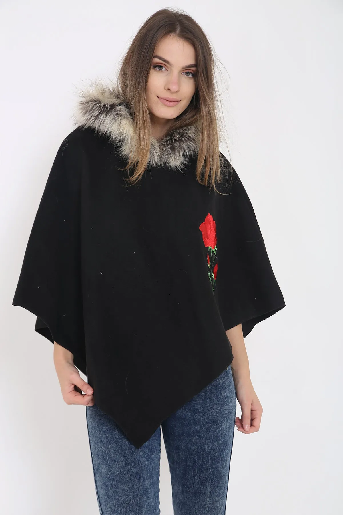 Floral Embroidered Faux Fur Hooded Poncho