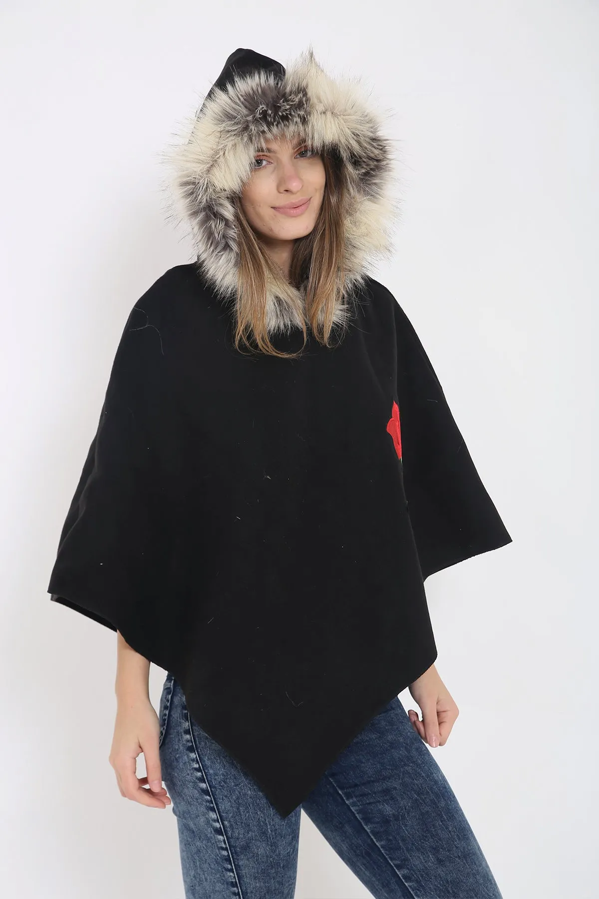 Floral Embroidered Faux Fur Hooded Poncho