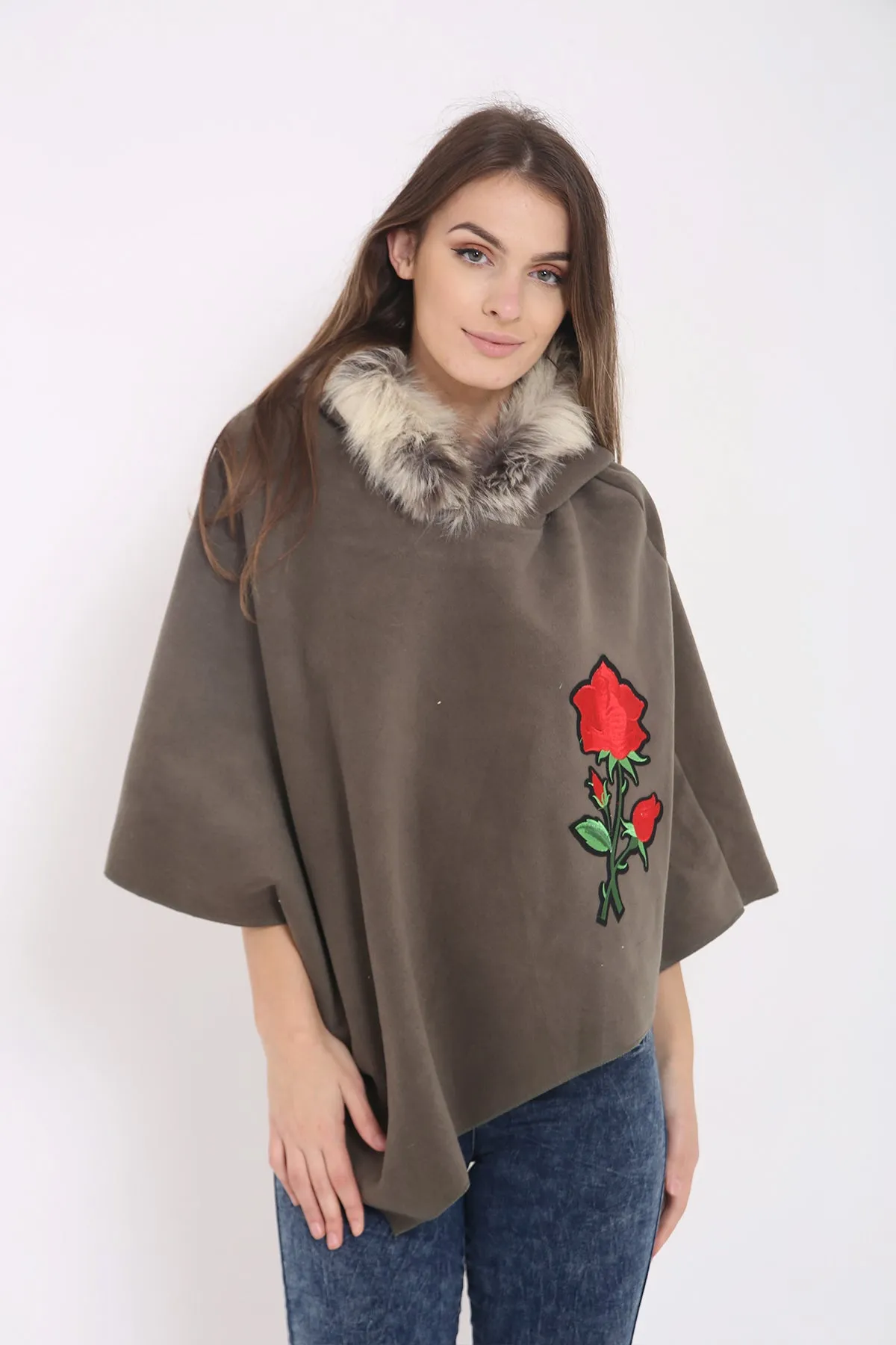 Floral Embroidered Faux Fur Hooded Poncho