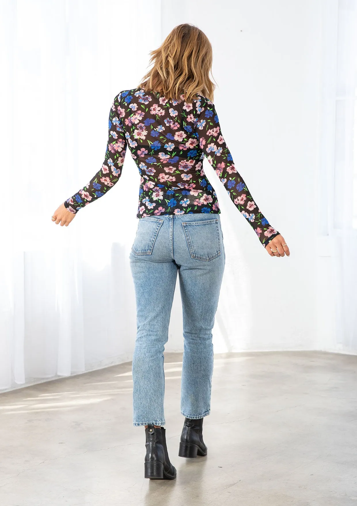 Floral Print Sheer Mesh Long Sleeve Top