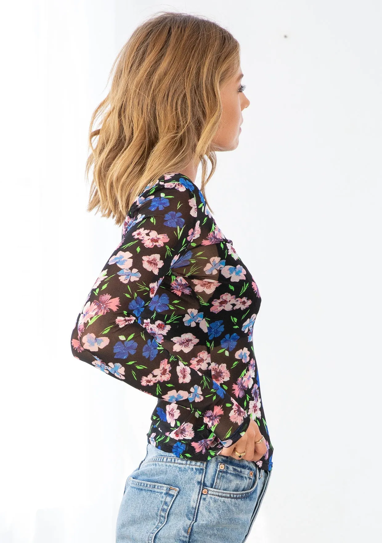 Floral Print Sheer Mesh Long Sleeve Top
