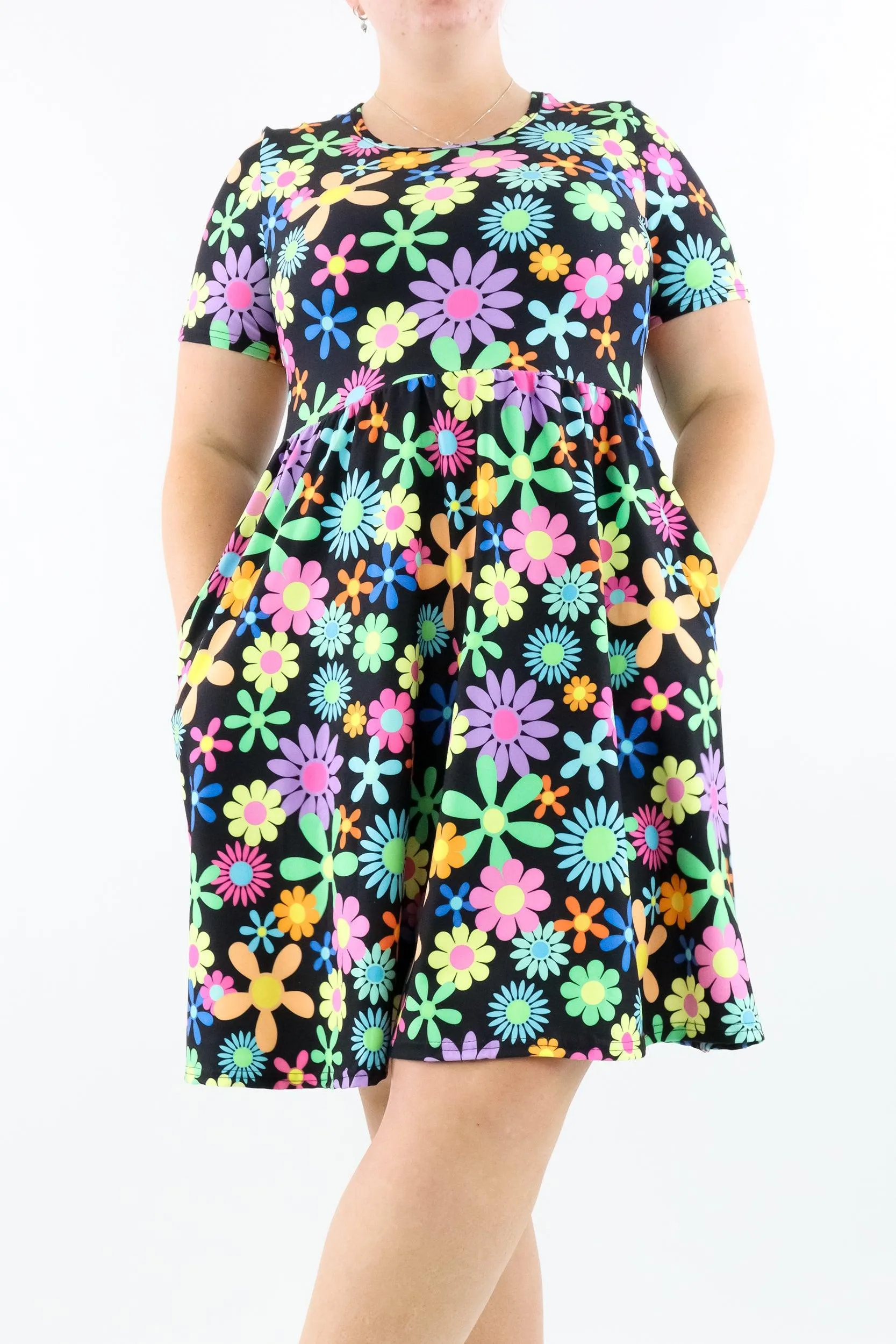 Flower Power - Short Sleeve Skater Dress - Knee Length - Side Pockets