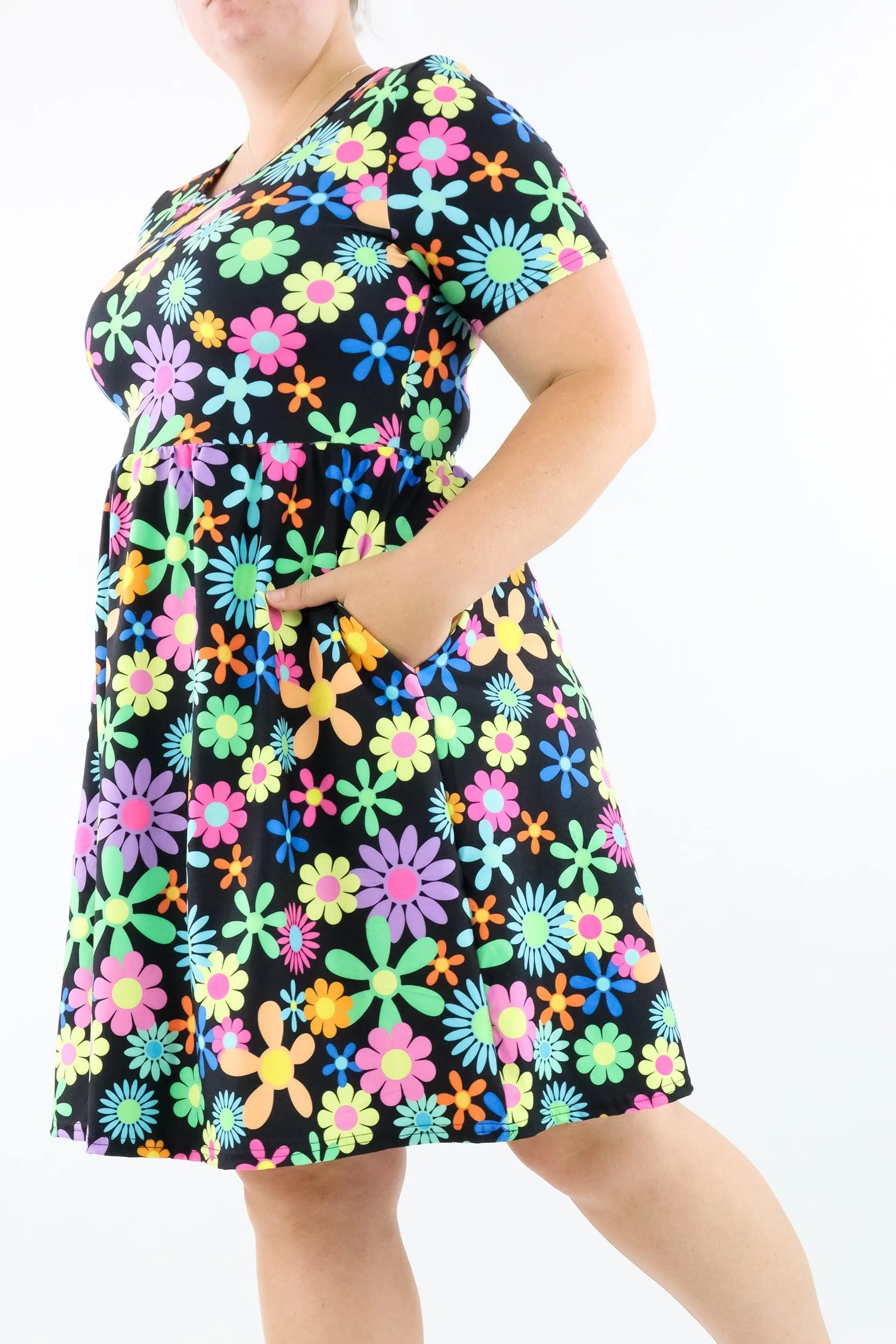 Flower Power - Short Sleeve Skater Dress - Knee Length - Side Pockets