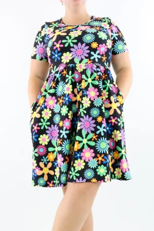 Flower Power - Short Sleeve Skater Dress - Knee Length - Side Pockets