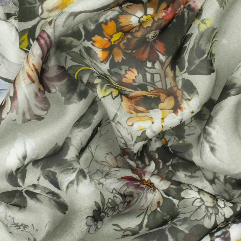 Forest Gray-Brown-Multi Famous Designer Floral Printed Silk Chiffon Fabric