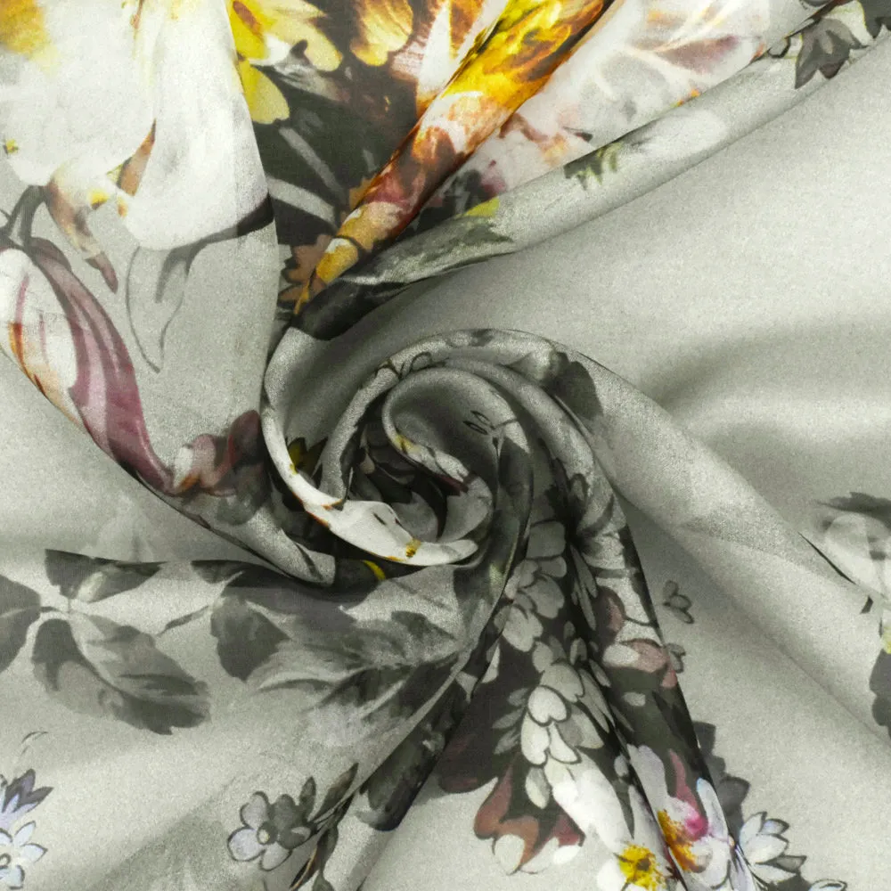 Forest Gray-Brown-Multi Famous Designer Floral Printed Silk Chiffon Fabric