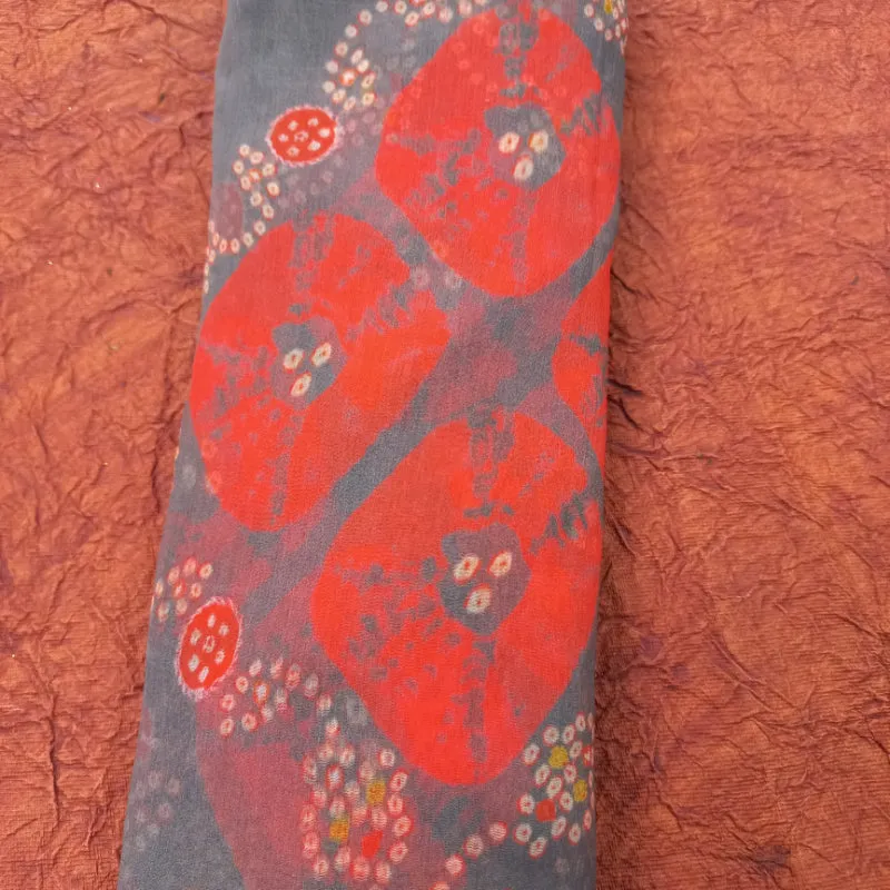 Fossil Grey Color Georgette Fabric With Printed Floral And Dots Pattern -2-Mtr