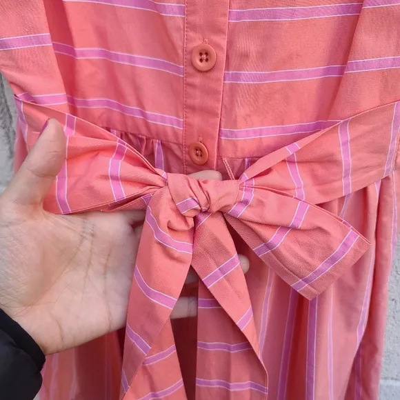 Gal Meets Glam | Striped Ruffle Hem Button Front Sundress in Apricot Size 4