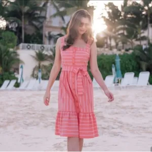 Gal Meets Glam | Striped Ruffle Hem Button Front Sundress in Apricot Size 4