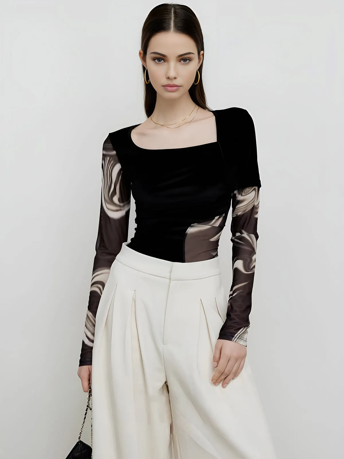 Geometric Printed Mesh Jersey Top