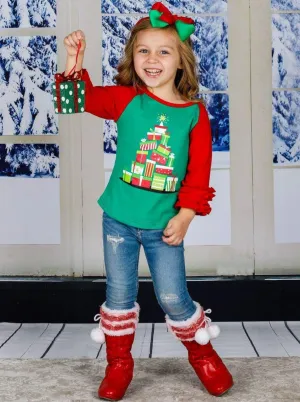 Girls Christmas Themed Long Ruffled Sleeve Raglan Top