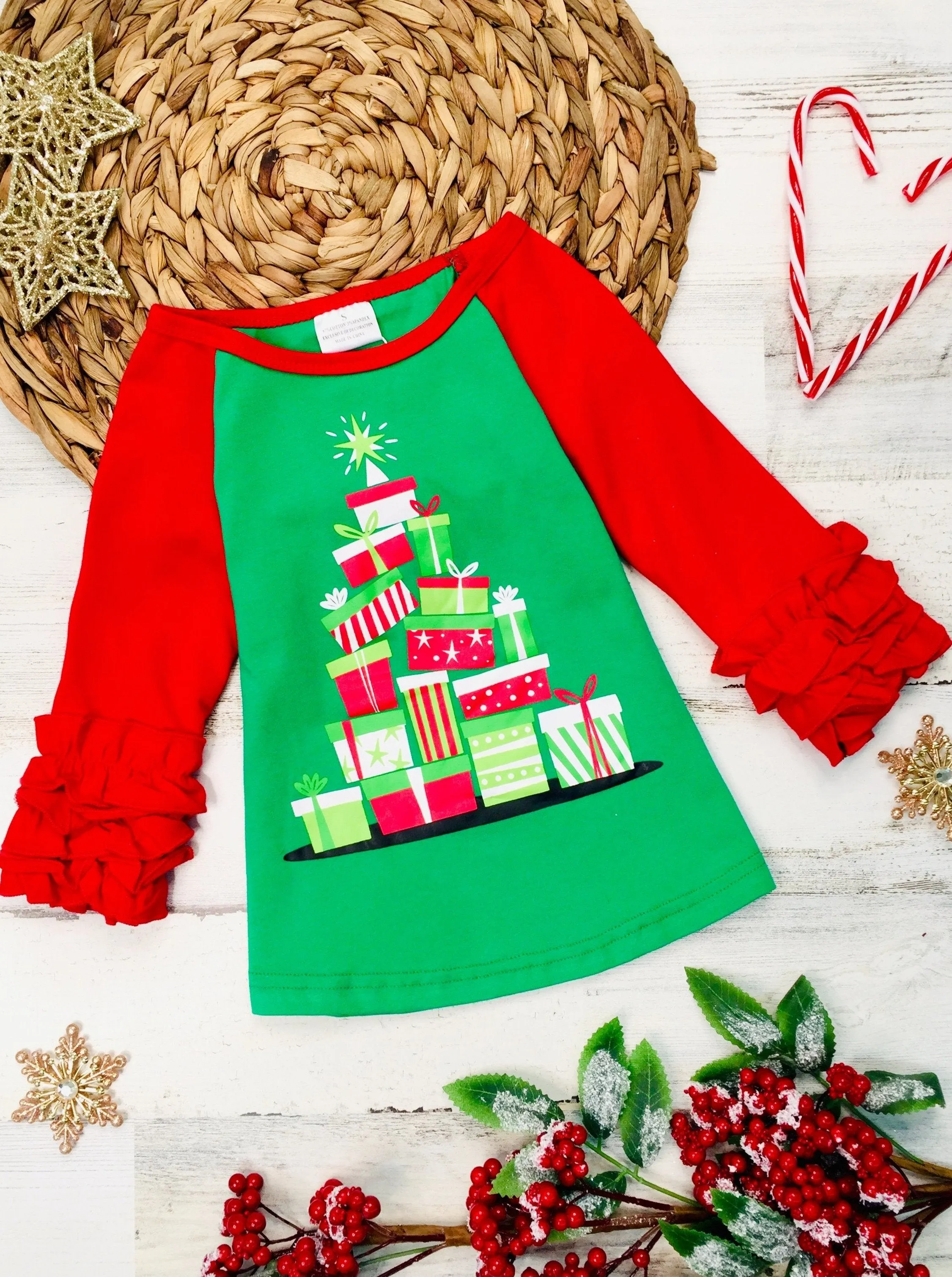 Girls Christmas Themed Long Ruffled Sleeve Raglan Top