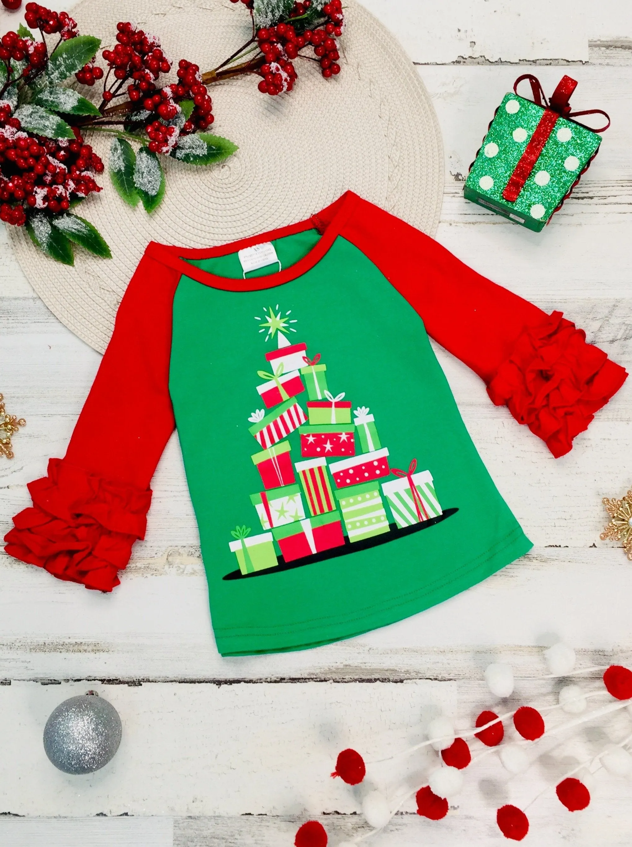 Girls Christmas Themed Long Ruffled Sleeve Raglan Top