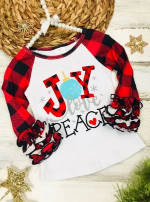Girls Christmas Themed "Joy Love Peace" Plaid Long Ruffled Sleeve Raglan Top