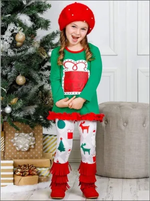 Girls Long Sleeve Ruffled Applique Tunic & Printed Leggings Set