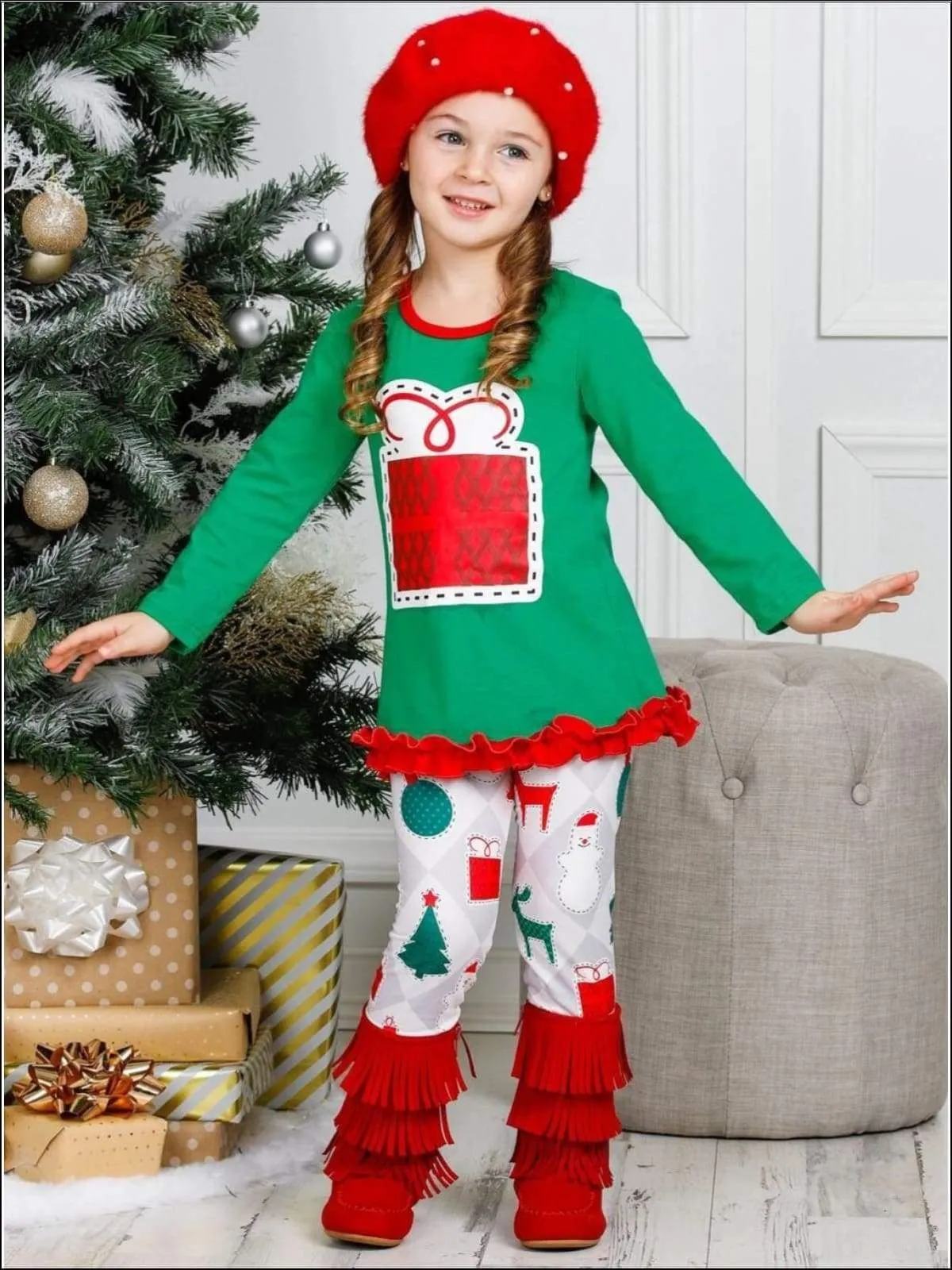 Girls Long Sleeve Ruffled Applique Tunic & Printed Leggings Set