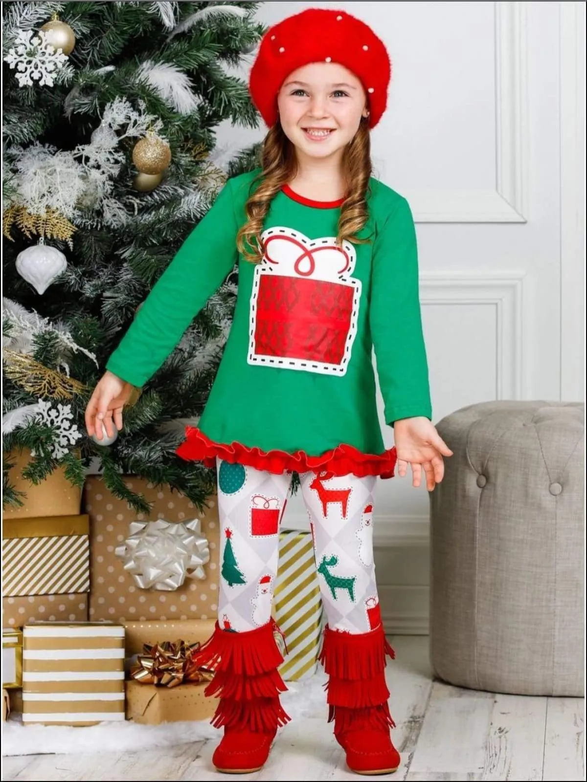 Girls Long Sleeve Ruffled Applique Tunic & Printed Leggings Set