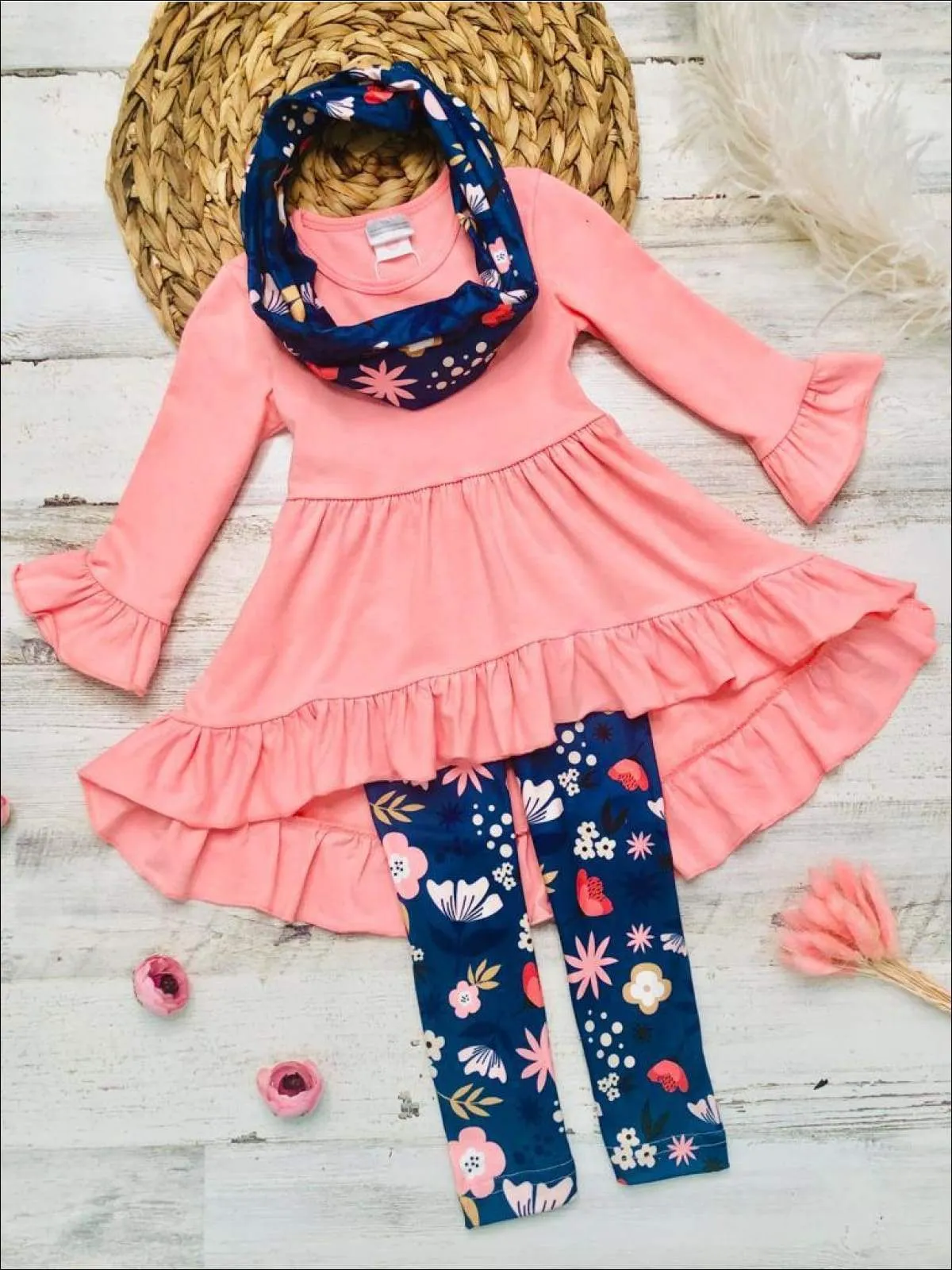 Girls Pink Ruffled 3/4 Sleeve Hi-Lo Tunic, Floral Leggings & Scarf Set