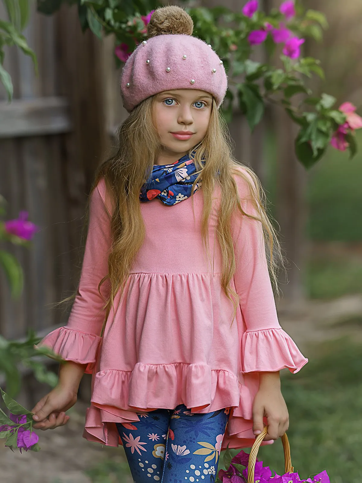 Girls Pink Ruffled 3/4 Sleeve Hi-Lo Tunic, Floral Leggings & Scarf Set