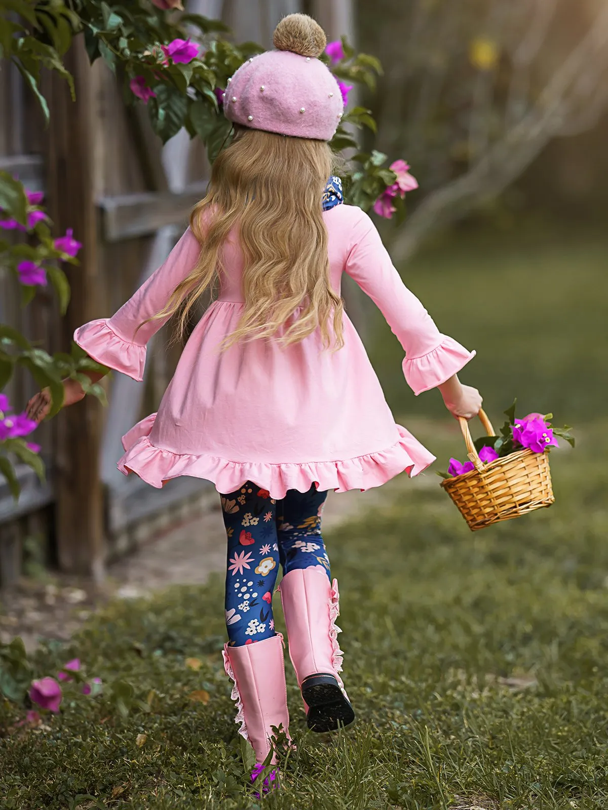 Girls Pink Ruffled 3/4 Sleeve Hi-Lo Tunic, Floral Leggings & Scarf Set