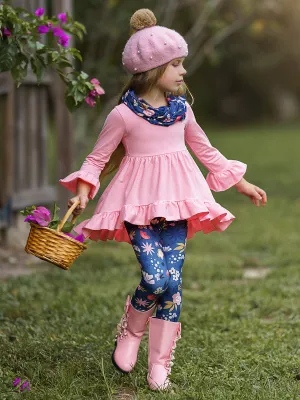 Girls Pink Ruffled 3/4 Sleeve Hi-Lo Tunic, Floral Leggings & Scarf Set
